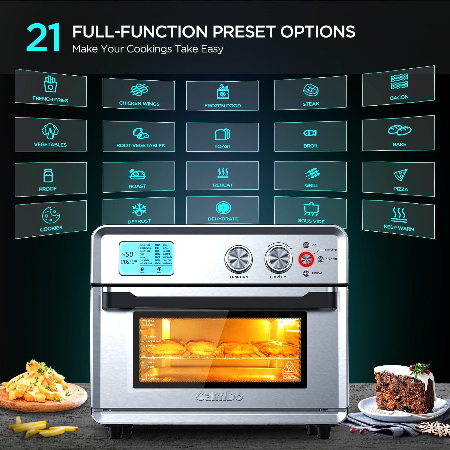 Calmdo CD-AF25EU 1800W 25L Extra-Large Air Fryer Toaster Oven, 12 Preset  Functions, 4-layer Grill, Digital Control 